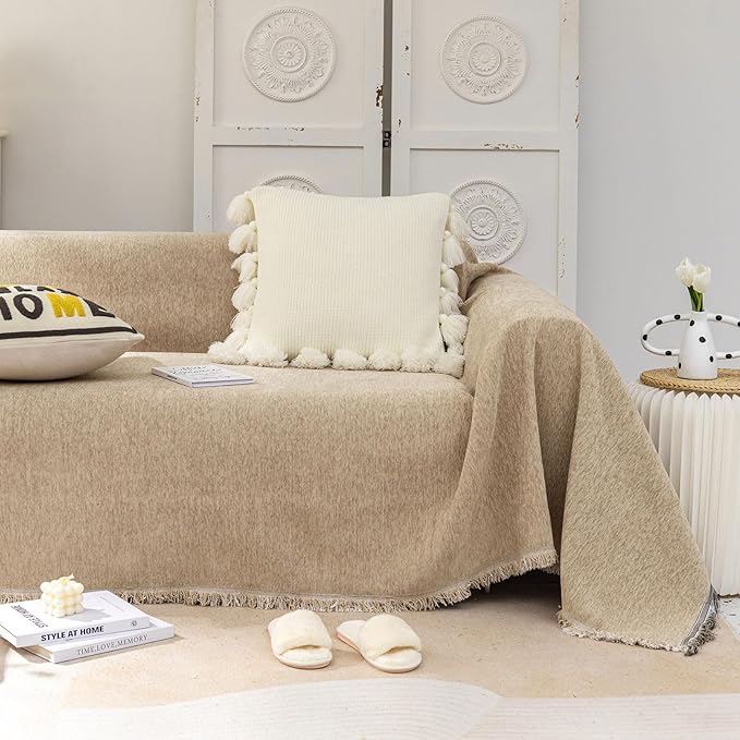 VClife Beige Couch Cover for Sofa 1 Piece Modern Minimalism Couch Cover for 2 Cushion Couch Sofa Slipcover Washable Soft Chenille Sofa Covers Furniture Protector for Bedroom Living Room 71''x102''