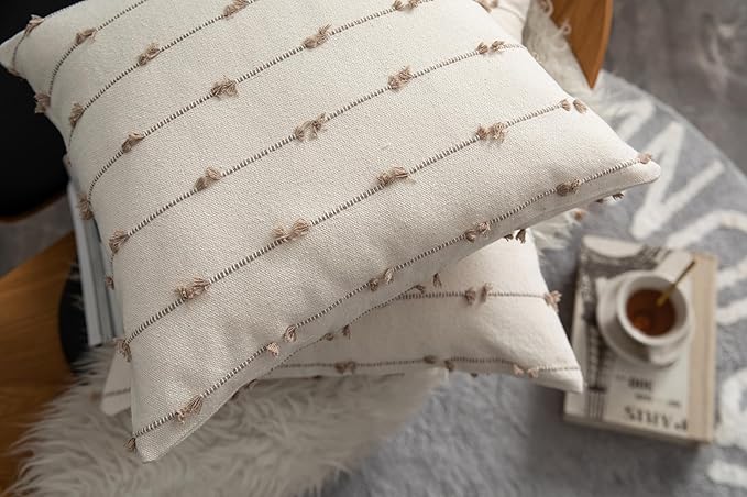 Caflife Boho Throw Pillow Covers 22x22 inches Beige and Natural Linen, Set of 2 Modern Farmhouse Decorative Pillow Covers for Couch Bed, Living Room