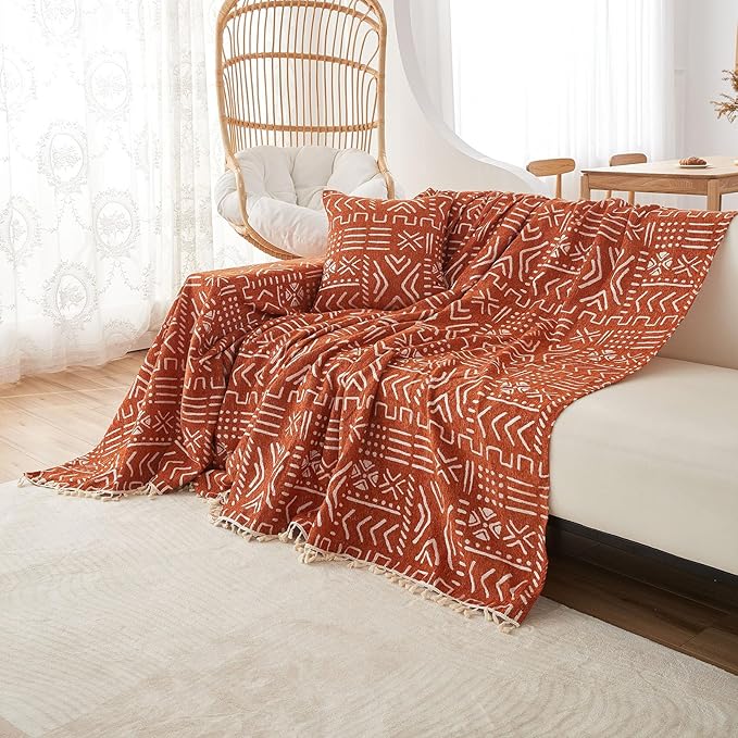 VClife Couch Cover for Sectional Sofa, Japanese Sofa Cover with Tassel, Soft Chenille Boho Couch Covers for 3 Cushion Couch Sofa Washable White Caramel Sofa Slipcover for Living Room 71"x 134"