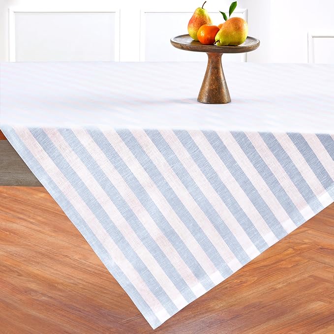 Solino Home Linen Square Tablecloth 52 x 52 Inch - Sorrento Stripe, 100% Pure Linen Blue and White Table Throw - Machine Washable Tablecloth