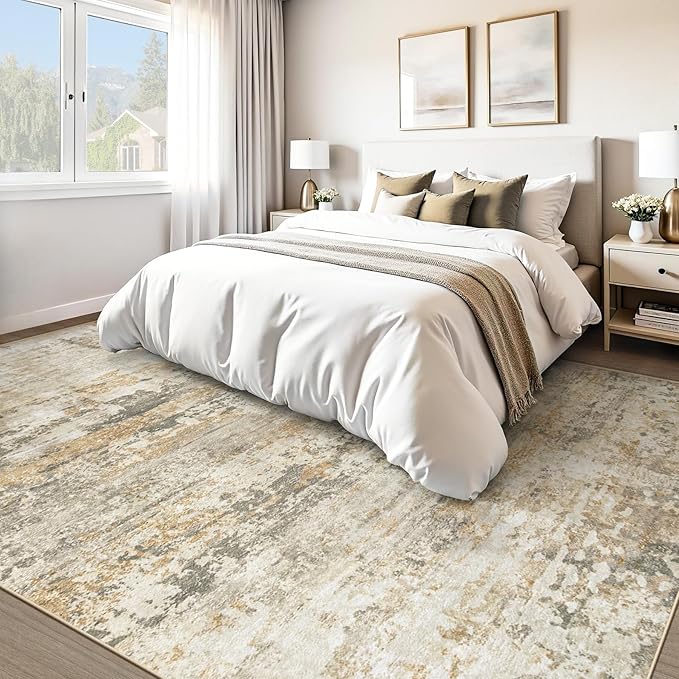 Area Rugs 9x12 for Living Room: Washable Rug Modern Abstract Neutral Soft Non-Slip Low-Pile Indoor Large Carpet for Bedroom Dining Room Playroom Home Office (Beige Grey Brown, 9'x12')