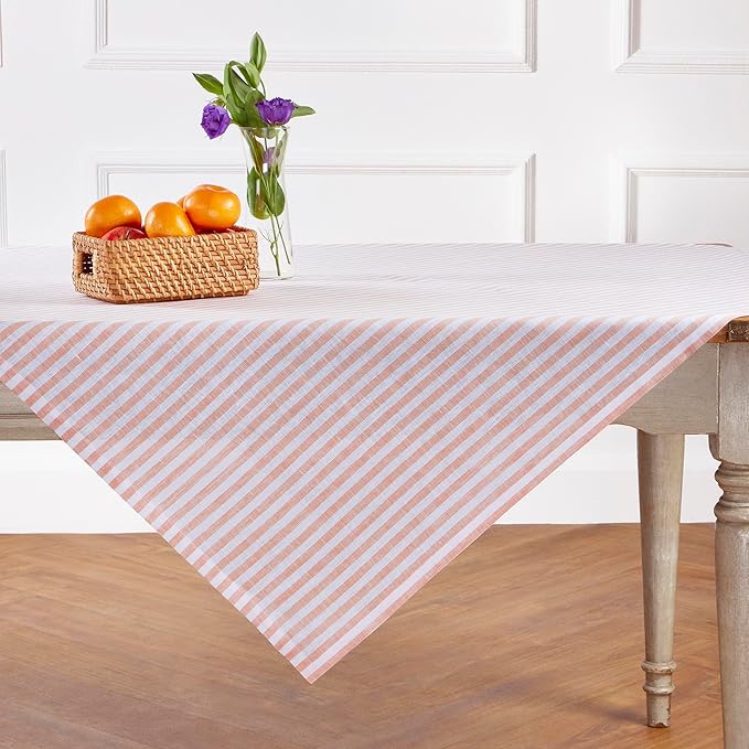 Solino Home Linen Tablecloth 52 x 52 Inch - Amalfi Stripe, 100% Pure Linen Coral and White Square Tablecloth - Machine Washable Table Throw