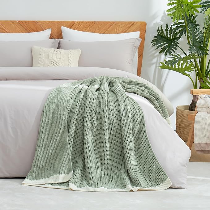 Amélie Home Waffle Throw Blanket for Couch Twin, Soft Cozy Chenille Knit Blanket Warm Decorative Throw for Sofa, Bed, Living Room, 60"x80", Sage Green