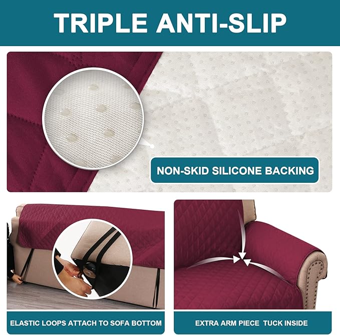Turquoize 100% Waterproof Couch Cover Sofa Covers Washable Couch Covers for 3 Cushion Couch Pet Friendly Triple Non-Slip Couch Cover for Dogs Furniture Covers for Pets, Kids,Dog (Sofa 70", Burgundy)