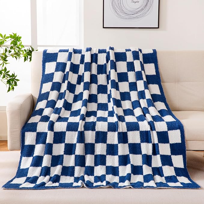 YIRUIO Throw Blanket Checkered Chessboard Fluffy Fuzzy Warmer Comfort Reversible Super Soft Cozy for Home Decor Bed Couch Sofa Living Room (Bluey, 60''x80'')