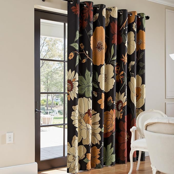 jinchan Lora Floral Curtain for Living Room Blackout Drape for Sliding Door Extra Wide Room Darkening Fall Decor Winter Vintage Flower Patterned Patio Door Curtain Grommet 1 Panel W100xL84 Inch Black