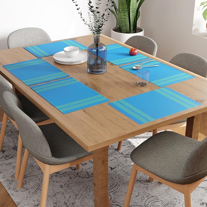 Encasa XO Dining Placemat Set of 6 | Solid Ladder Turq Blue Color | Fine Ribbed Cotton Table mat | Size 18x13 in |for Dining Table Fall Decoration, Holiday & Christmas Festivals - Machine Washable