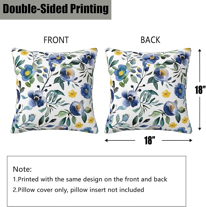 Blue and Yellow Flowers Pillow Covers 18X18 Set of 2, Watercolor Abstract Floral and Leaves Decorative Throw Pillow Covers, Pillowcase Cushion Case for Home Sofa Couch Indoor Outdoor