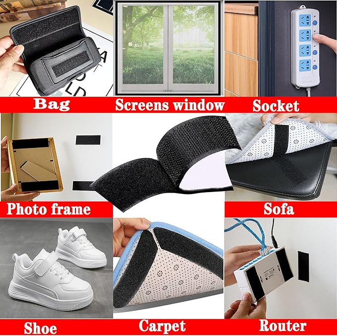 1 Inch x 33 Feet Adhesive Hook and Loop Tape，Nylon Heavy Duty Multi-Purpose Hook and Loop Strips，Black Self Adhesive Interlocking Tape Rolls Can Be Used to Fix Screen Window,Wall Hangings, Carpets