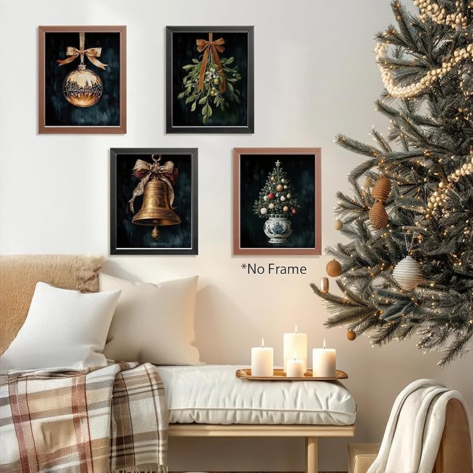 AEHIE Dark Moody Christmas Wall Art Poster Prints for Home Room Bedroom Decor, Dark Academia Christmas Decor, Winter Bauble Ball Ornament Bell Mistletoe Holiday Prints Wall Art Unframed 4pcs 8x10inch