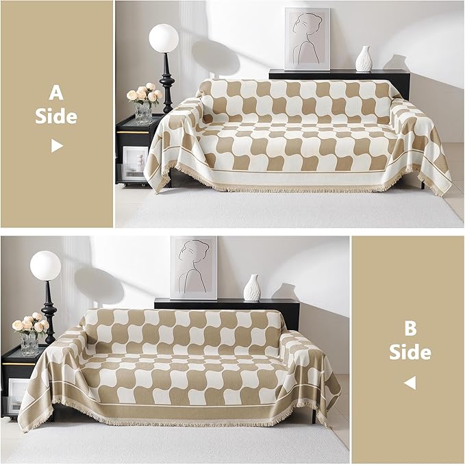 MEETSKY Couch Cover for Dogs Cats,Sofa Covers Washable Furniture Protectors for Pets Universal Couch Cover Thick Durable Sectional Couch Covers for 3 Cushion Couch, 91" x 118", Khaki Checkerboard