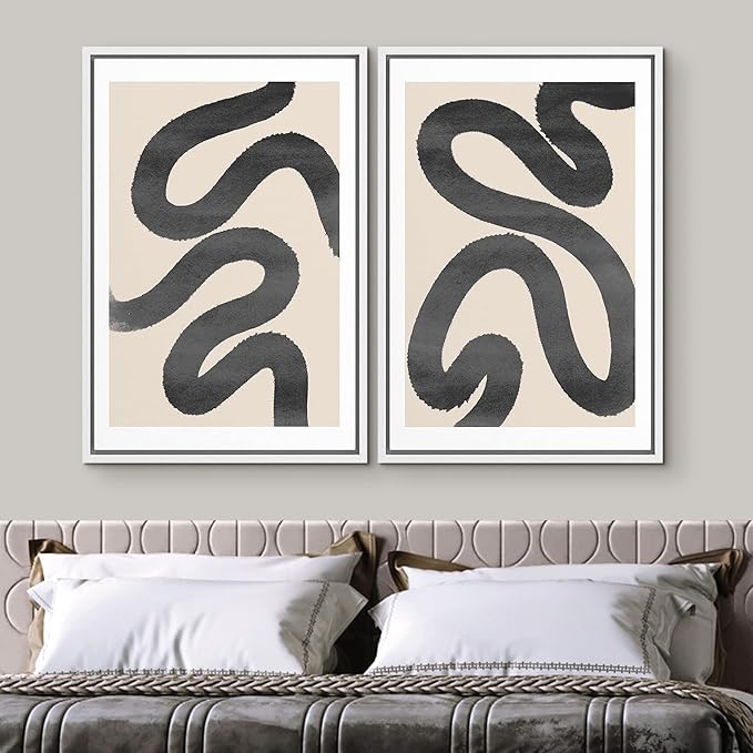 SIGNWIN Framed Wall Art Print Set Black Squiggly Lines Over Tan Background Abstract Swirly Digital Art Modern Art Mid-Century Modern Expressive for Living Room, Bedroom, Office - 16"x24"x2 White