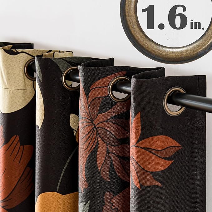 jinchan Lora Floral Curtains for Bedroom Blackout Drapes for Living Room Darkening Fabric Fall Decor Winter Vintage Flower Pattern Printed Window Curtains 96 Inches Length 2 Panels with Grommet Black