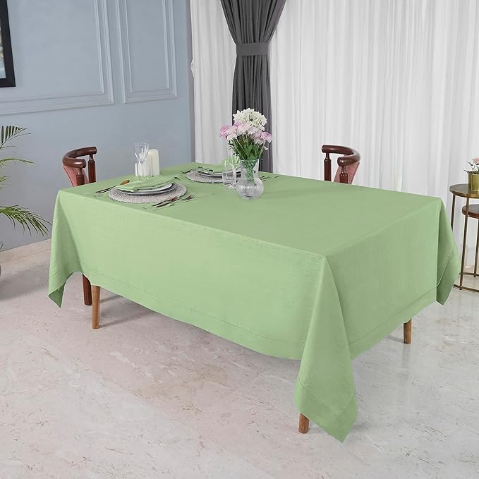 D'Moksha Homes Sage Green Linen Tablecloth for Rectangle Tables 60 x 144 Inch - 100% Pure Linen Green Table Cloth - Classic Hemstitch, Machine Washable Dining Tablecloth for Thanksgiving, Christmas