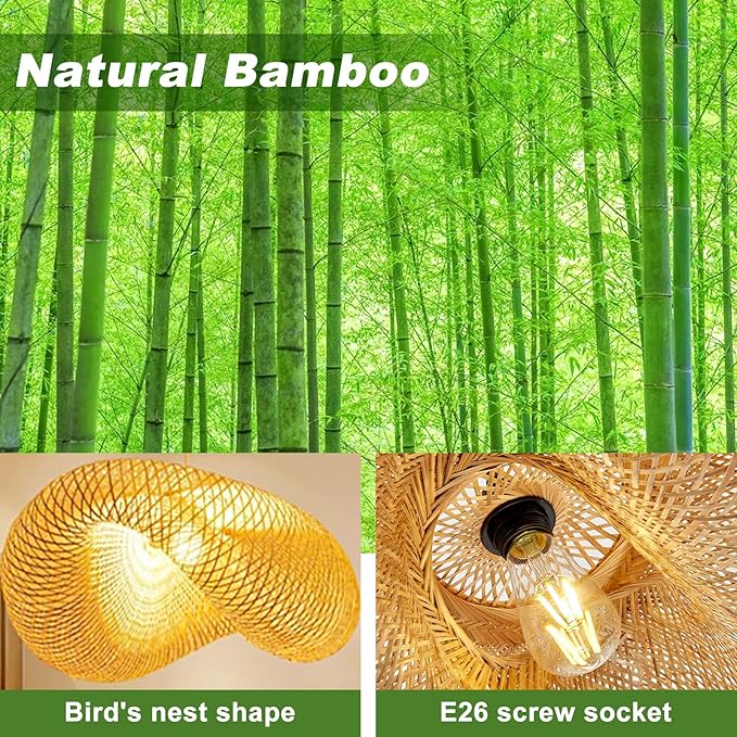 Farmhouse Bamboo Pendant Light Fixtures, Bird's Nest Shape Rattan Chandelier for Kitchen Island, Adjustable Ceiling Mount Hanging Lamp for Living Room, Dining Room, Bedroom, Entryway Decor