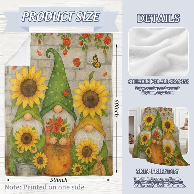 Whimsical Gnome Blanket, Sunflower Garden 80 x 60 Inch Flannel Throw Blanket, Gifts for Women Kids, Lightweight Cozy Warm Blankets for Sofa Travel Home Decor