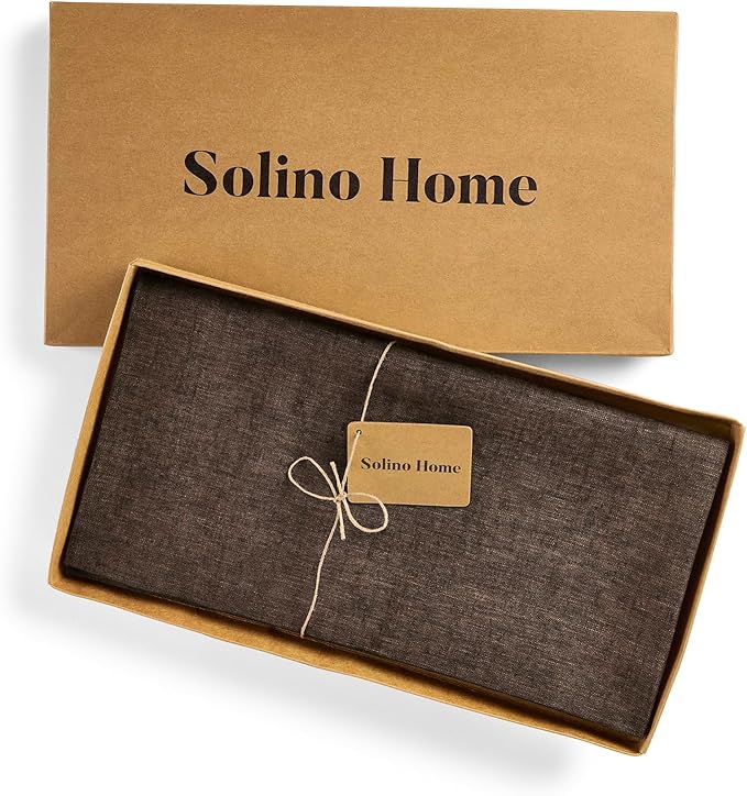 Solino Home Linen Square Tablecloth 52 x 52 Inch - 100% Pure Linen Chambray Brown Table Throw - Athena, Machine Washable Tablecloth for Fall, Autumn, Thanksgiving
