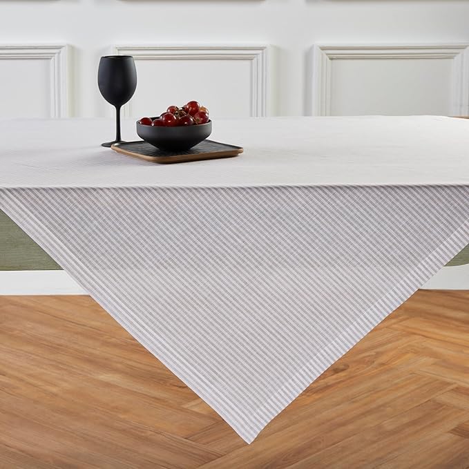 Solino Home Linen Tablecloth 52 x 52 Inch - Narrow Stripe, 100% Pure Linen Natural and White Square Tablecloth - Machine Washable Table Throw for Fall, Autumn, Thanksgiving, Christmas, Holiday, Winter