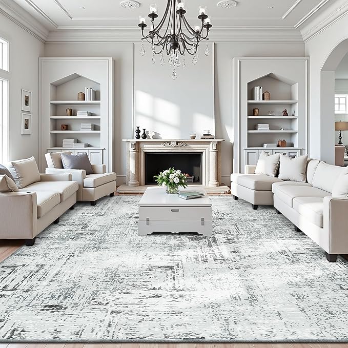 Rugflix 8x10 Washable Area Rugs, Neutral Boho Carpet Living Room Rug Non Slip Stain Resistant, Large Area Rug for Indoor Bedroom Dining Room Office, Blue/Grey