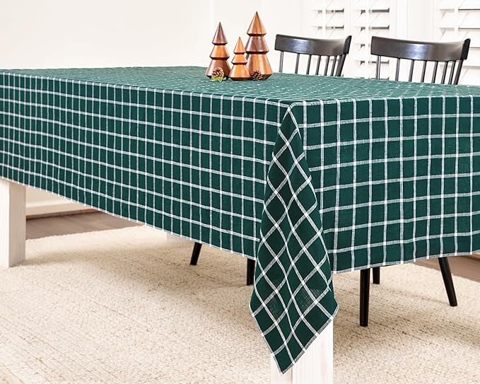 Solino Home Linen Tablecloth 60 x 120 Inch - 100% Pure Linen Windowpane Dark Green Table Cloth for Rectangle Tables - Machine Washable Tablecloth for Christmas, Holiday, Xmas, Winter