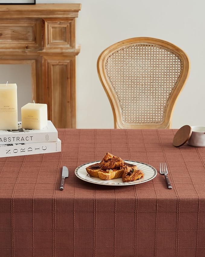 ZeeMart Linen Checked Table Cloth, Farmhouse Style Plaid Embroidered Rust Tablecloth, Water Resistant Square Table Cloth, Terracota 60x60 Inches