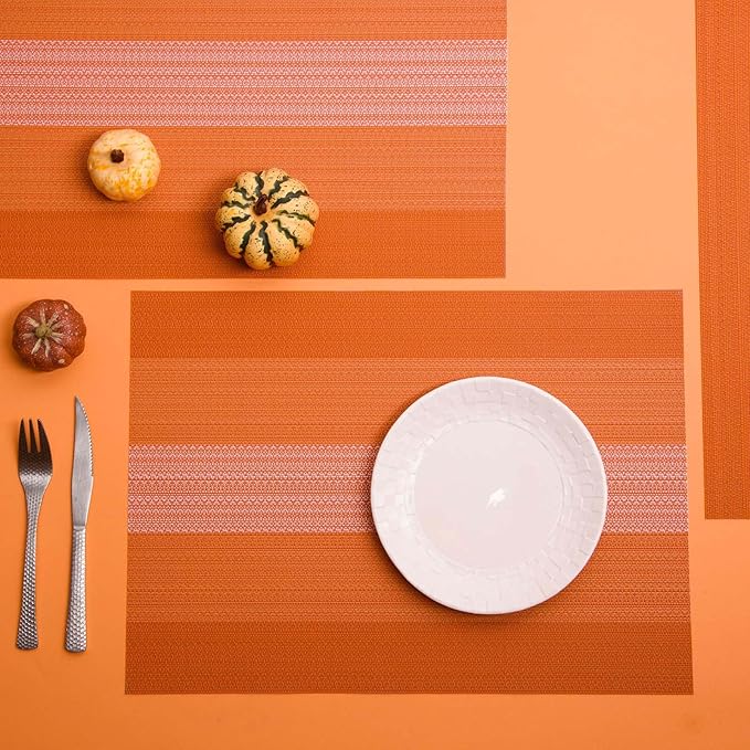 AHHFSMEI Placemats for Dining Table Set of 6 Woven Vinyl Plastic Place Mats Non-Slip Heat Insulation Stain Resistant Table Mats Washable Easy Clean Placemats (Orange)