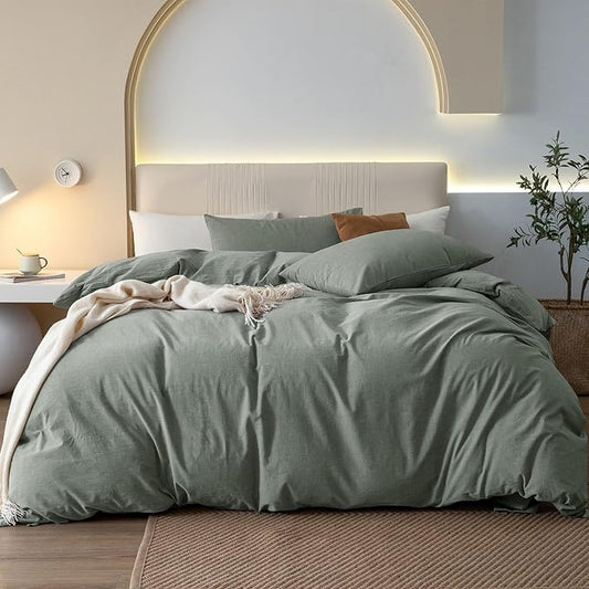 JIYUAN 100% Washed Cotton Duvet Cover Set 3 Pieces Alaska King, 1 Duvet Cover 132x120 Inches(Comforter Not Included) and 2 Pillowcases,Linen Feel Bedding Set Comfy and Breathable, Heathered Green
