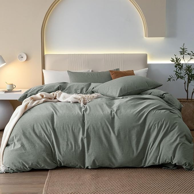 JIYUAN 100% Washed Cotton Duvet Cover Set 2 Pieces Twin, 1 Duvet Cover 68x90 Inches(Comforter Not Included) and 1 Pillowcases,Linen Feel Bedding Set Comfy and Breathable, Heathered Green