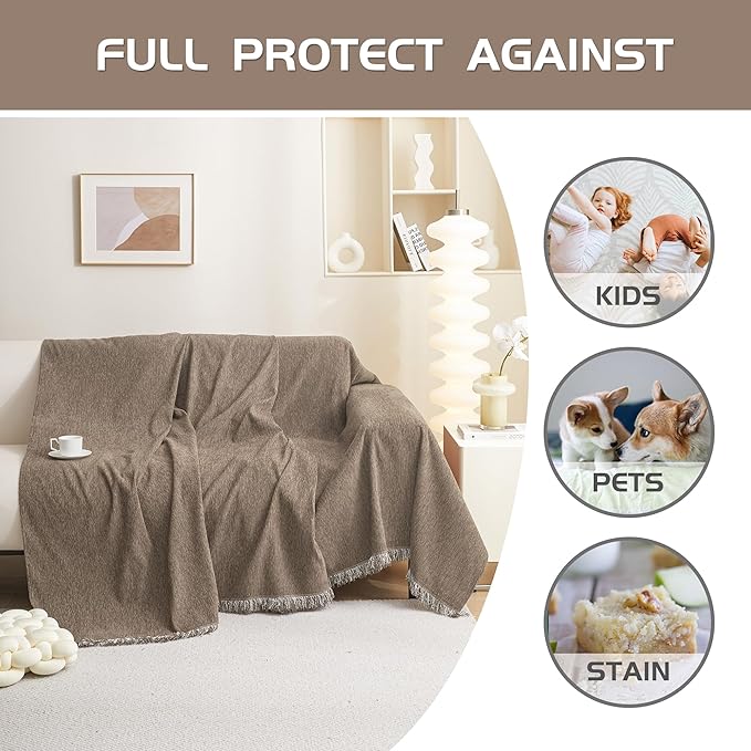 MEETSKY Couch Cover for 3 Cushion Couch Sofa, Sectional Couch Covers Washable for Dogs Pets Furniture Protector Chenille Oversized Sofa Covers Love Seat Covers, 91" x 118", Sand