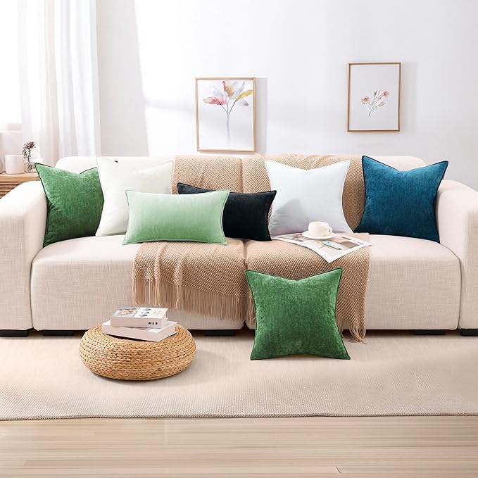 decorUhome Christmas Couch Throw Pillow Covers 18x18 Set of 2, Decorative Soft Euro Velvet Neutral Chenille Pillow Covers with Elegant Design for Sofa Bed Living Room Home Decor, Moss Green