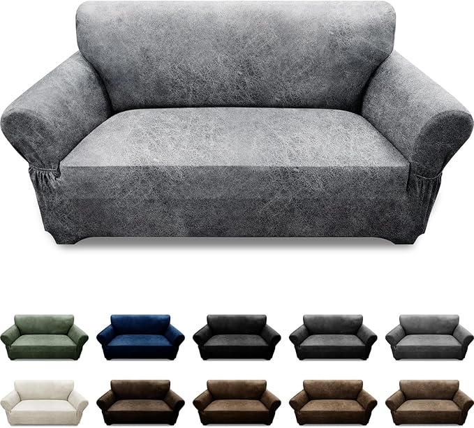 Loveseat Sofa Slipcover Leather Look Couch Covers for 2 Seater Couch Sofa 1-Piece Sofa Cover Stretch Furniture Protector with Elastic Bottom & Pockets(Loveseat, Light Grey)