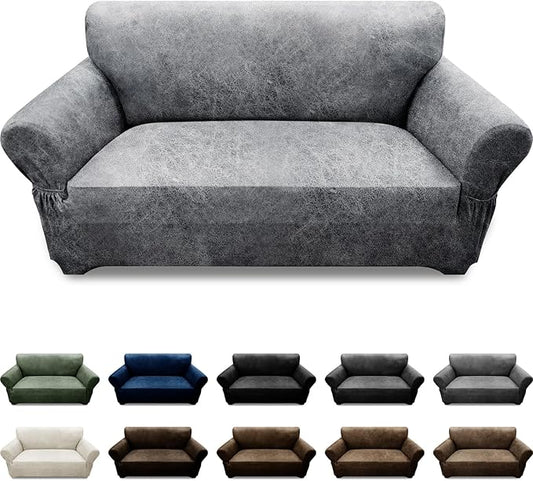 Loveseat Sofa Slipcover Leather Look Couch Covers for 2 Seater Couch Sofa 1-Piece Sofa Cover Stretch Furniture Protector with Elastic Bottom & Pockets(Loveseat, Light Grey)