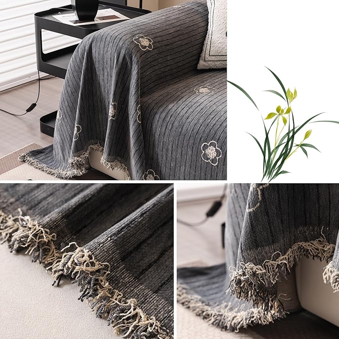 ROOMLIFE Gray Couch Cover Boho Sofa Covers for 3 Cushion Couch Washable, Furniture Protector Sofa Couch Cover for Dogs, Soft Chenille Sofa Slipcover, Couch Throw Blankets with Tassels 71 '' X 118''