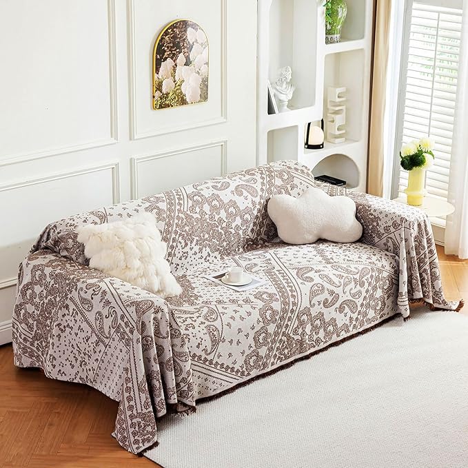 ROOMLIFE Boho Khaki Couch Covers for 3 Cushion Sofa, Breathable Couch Cover Sectional Sofa Cover for Dog, Washable Furniture Sofa Protector Cover Soft Blanket with Tassel for Living Room, 71''X150''