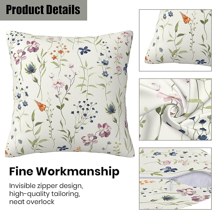 Colored Flowers and Leaves Pillow Covers 18X18 Set of 2, Watercolor Wildflowers Decorative Throw Pillow Covers, Pillowcase Cushion Case for Home Sofa Couch Indoor Outdoor Decorations