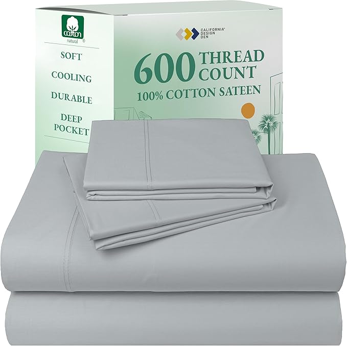 California Design Den Deep Pocket King Sheets Set - Luxury 600 Thread Count 100% Cotton Sateen, King Size Sheet Set with All Around Elastic for a Snug Fit, Hotel Quality Bedding - Light Grey