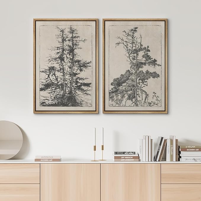 SIGNWIN Framed Canvas Print Wall Art Set Vintage Botanical Tree Sketches Illustrations Modern Art Minimal Boho Relax/Calm for Living Room, Bedroom, Office - 16"x24"x2 Natural