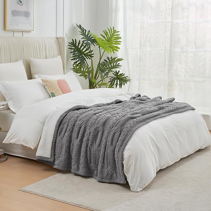 Amélie Home Cable Knit Throw Blanket for Couch Twin, Chenille Sherpa Soft Cozy Throw Blankets for Sofa Chair Comfortable Home, 60"x80", Gray