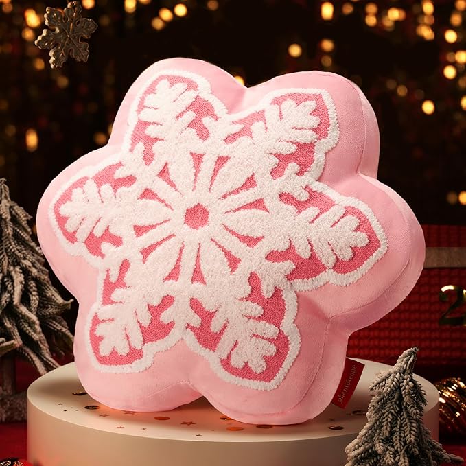 Phantoscope Merry Christmas Snowflake Shaped Throw Pillow, Velvet Xmas Embroidered Snowflake Pillow Decorative Christmas Cushion Pillow for Couch Living Room Bed, Pink, 16 x 16 inches