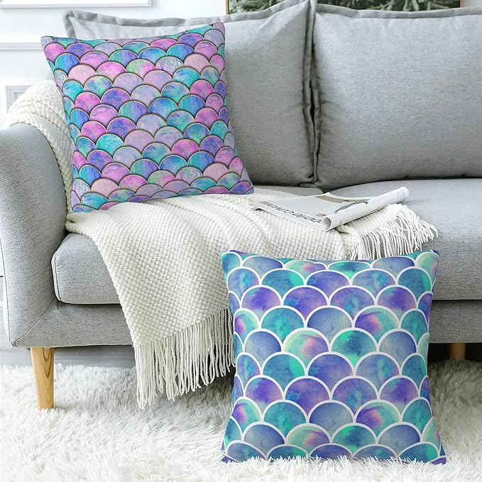 Throw Pillow Covers Mermaid Fish Scale Pillow Covers 18x18 Inch Set of 2 Watercolor Rainbow Scales Throw Pillows Decorative Pillow Cases Cushion Covers for Bedroom Livingroom Sofa Farm House