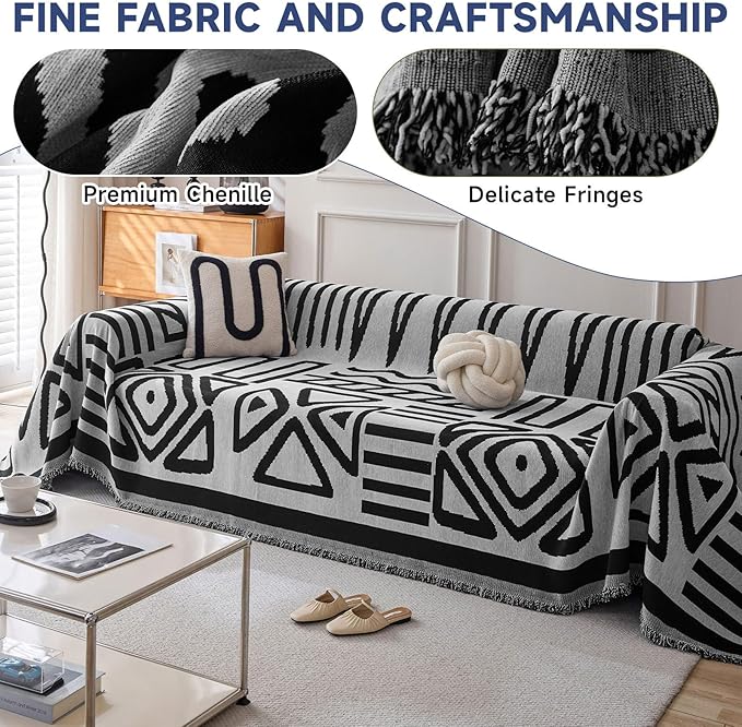 VClife Boho Couch Cover for 3 Cushion Couch Chenille Sofa Cover for Sectional Sofa, Modern Sofa Slipcover Washable Couch Covers for L-Shape Sofa Reversible Sofa Protector, Gray, 71''x134''