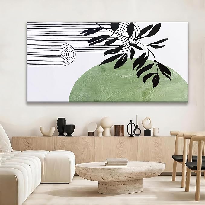 TAIJXAGSG Large Boho Green Wall Art For Living Room Century Modern Canvas Art Wall Decor Picture Painting Aesthetics Botanical Abstract Art Prints Bedroom Office Wall Hanging Decor 29x58 In