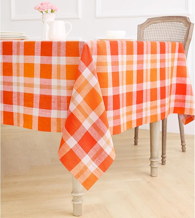 Solino Home Linen Tablecloth 60 x 108 Inch - 100% Pure Linen Plaid Pumpkin Table Cloth for Rectangle Tables - Autumn, Thanksgiving, Holiday, Fall Buffalo Check Machine Washable Tablecloth