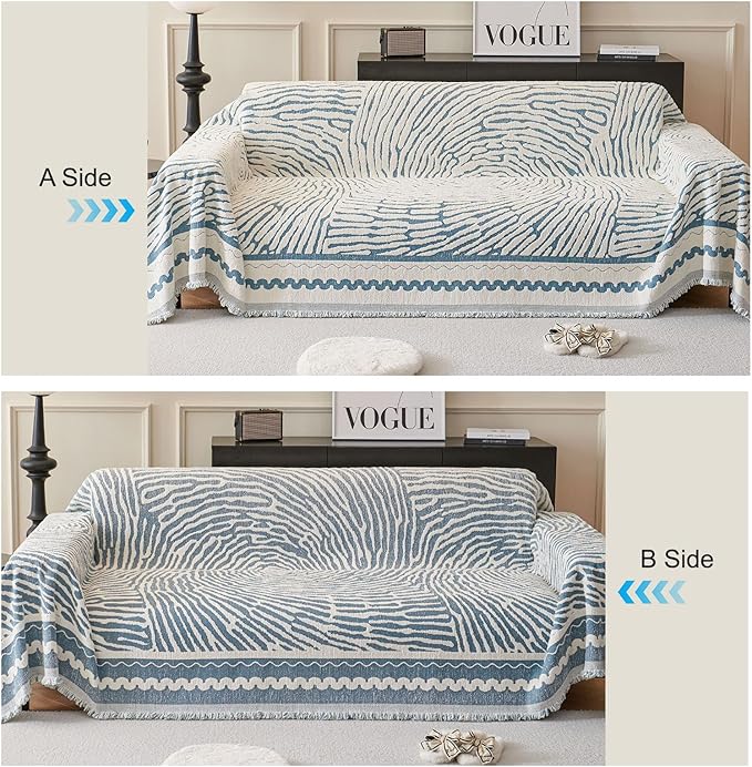 ROOMLIFE Thicked Striped Couch Cover with Tassel Blue Chenille Sofa Cover Blanket for Sectional Sofa, Soft Sofa Slipcovers for L Shaped Love Seat 2-3 Cushion Couch Anti Slip Sofa Protector, 71"x150"