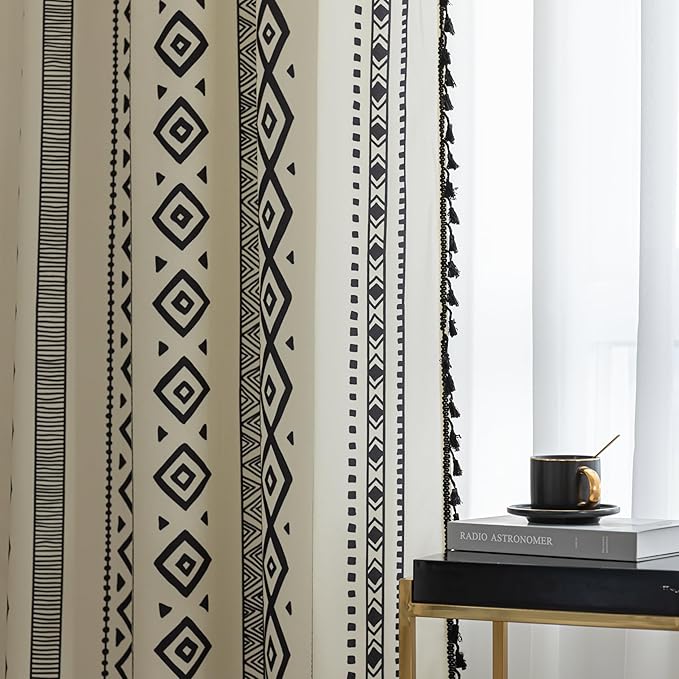Boho Curtains Geometric Light Filtering Semi-Blackout Window Curtains 102 Inches Long Rod Pocket Drapes for Living Room 2 Panels-Black Totem