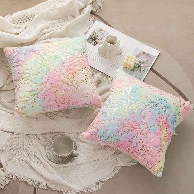 LIGICKY Set of 2 Rainbow Pillow Covers Fluffy Tie Dye Fur with Gold Branches Glitter Throw Pillows Decorative Pink Blue Soft Furry Sparkling Square Cushion Cases for Girl Room Couch Décor 18x18inch