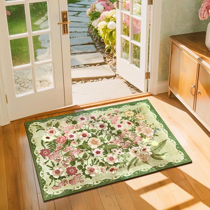Door Mat Indoor Entrance 2x3 - Floral Rug Washable Small Area Rug Non-Slip Low Pile Rugs for Entryway, Kitchen, Bedroom, Entry, Bathroom - Green