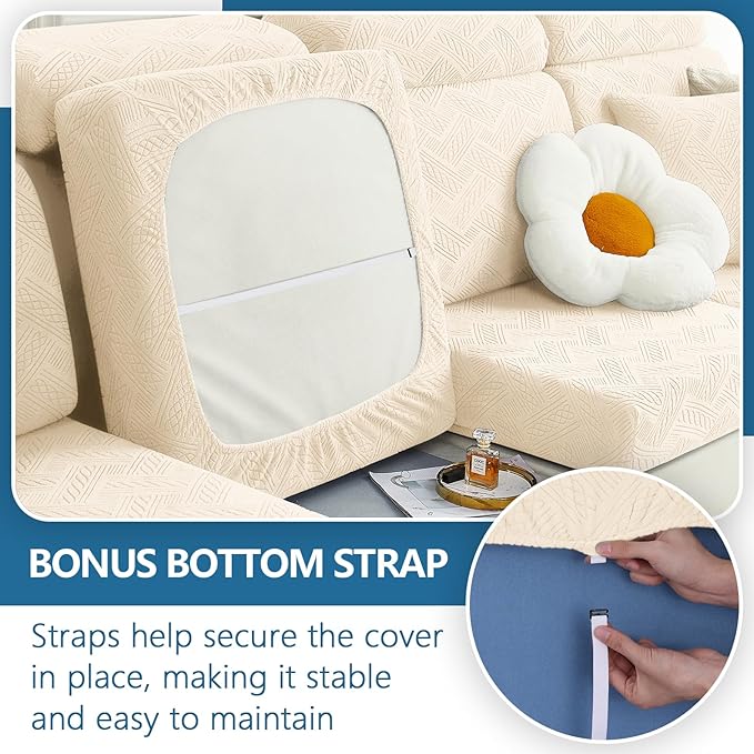 hyha Couch Cushion Covers, Stretch Sofa Seat Cushion Slipcover, Sectional Couch Covers L Shape with Elastic Bottom for Sectional Sofa(Chaise, Beige)