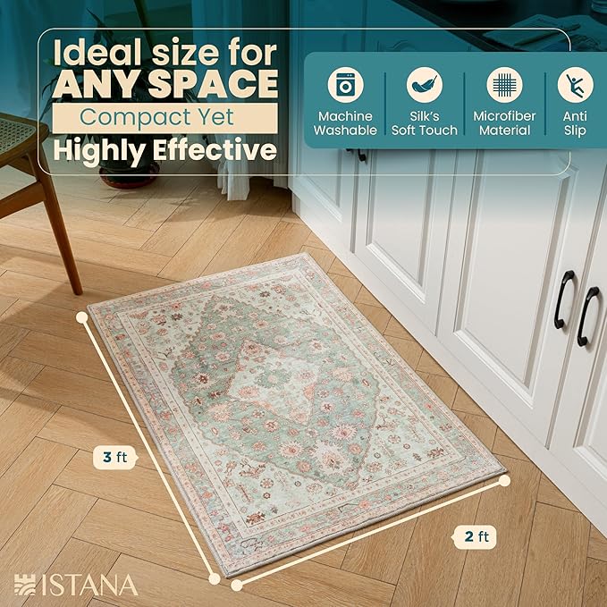 Istana 2x3 Area Rug - Light Green/Pink Boho Rugs for Living Room 2x3 - Foldable Small Rugs for Bedroom - Stain Resistant Washable Rug Non Slip - Eco-Friendly Area Rugs Indoor