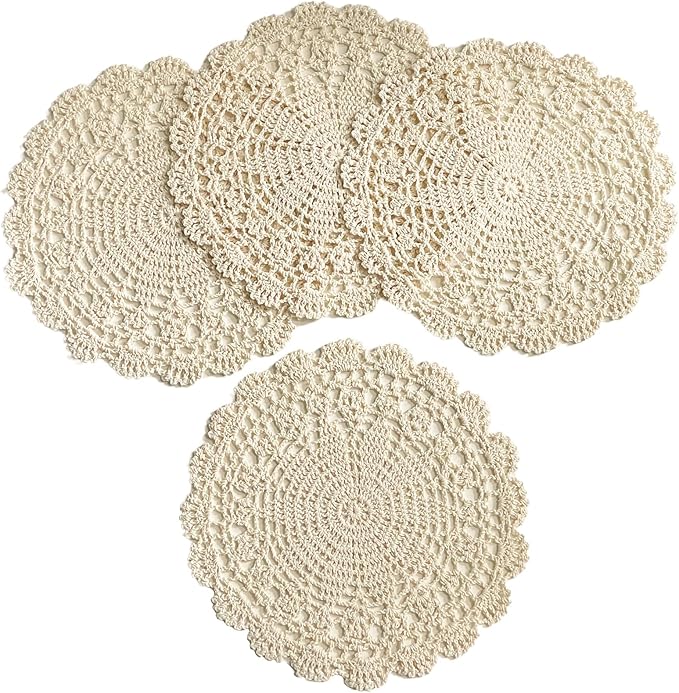PHANTOMON Crochet Doilies Handmade Round Cotton Lace Table Placemats Knitted Tablecloth, Star Pattern Rippled Edge, Pack of 4 (10 Inch, Beige)